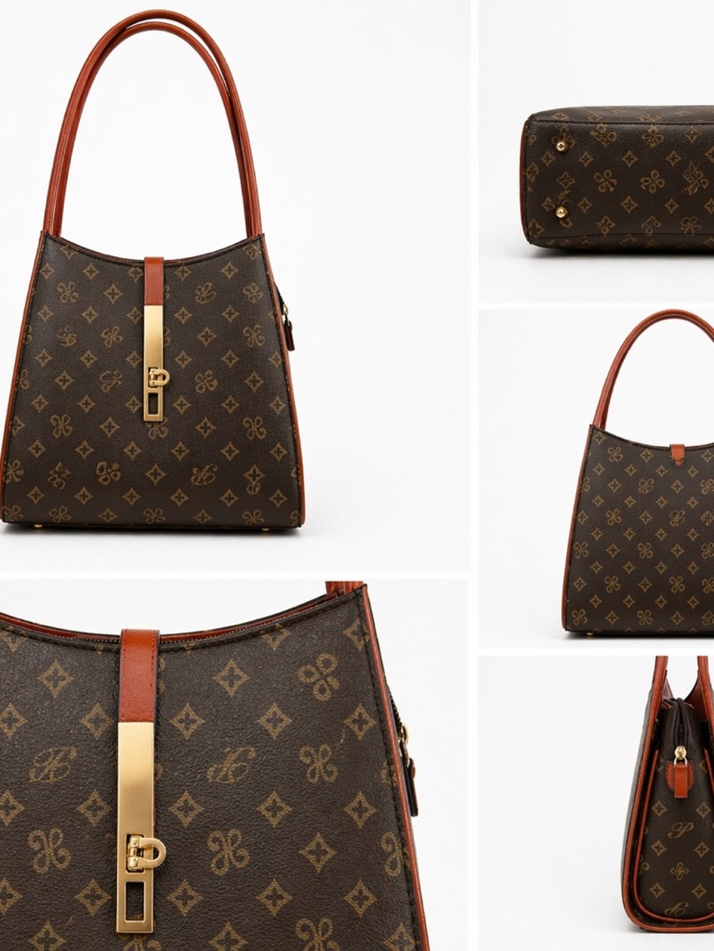 Monogram Print Top Handle Satchel – Brown / Gold Hardware - Picture 4 of 6